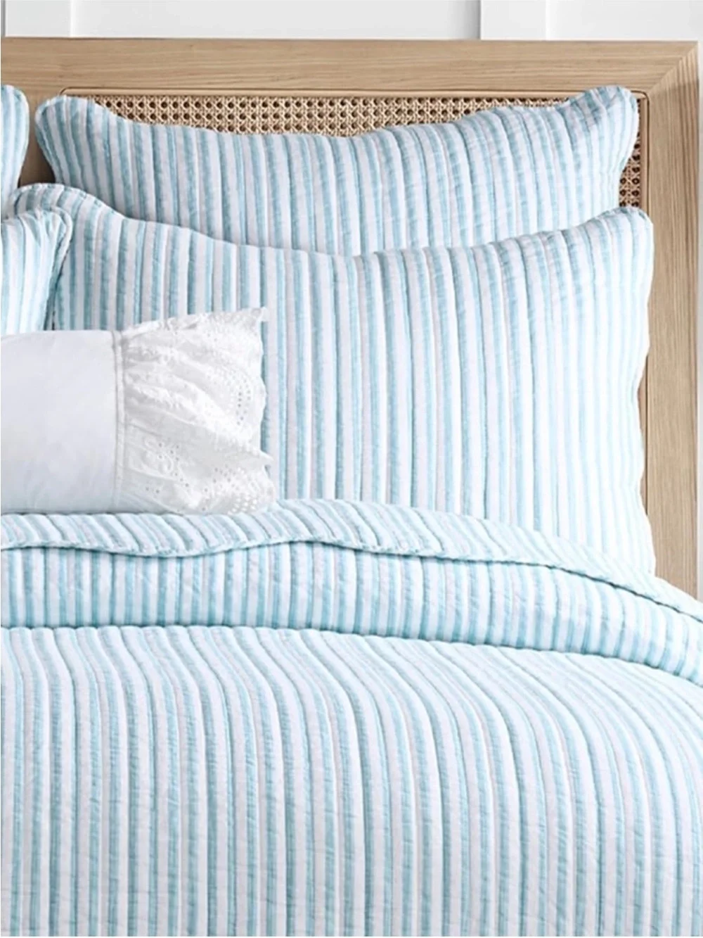 🆕 PB Style Blue & White Striped Cotton Quilt Coverlet Scalloped Trim Set NWT